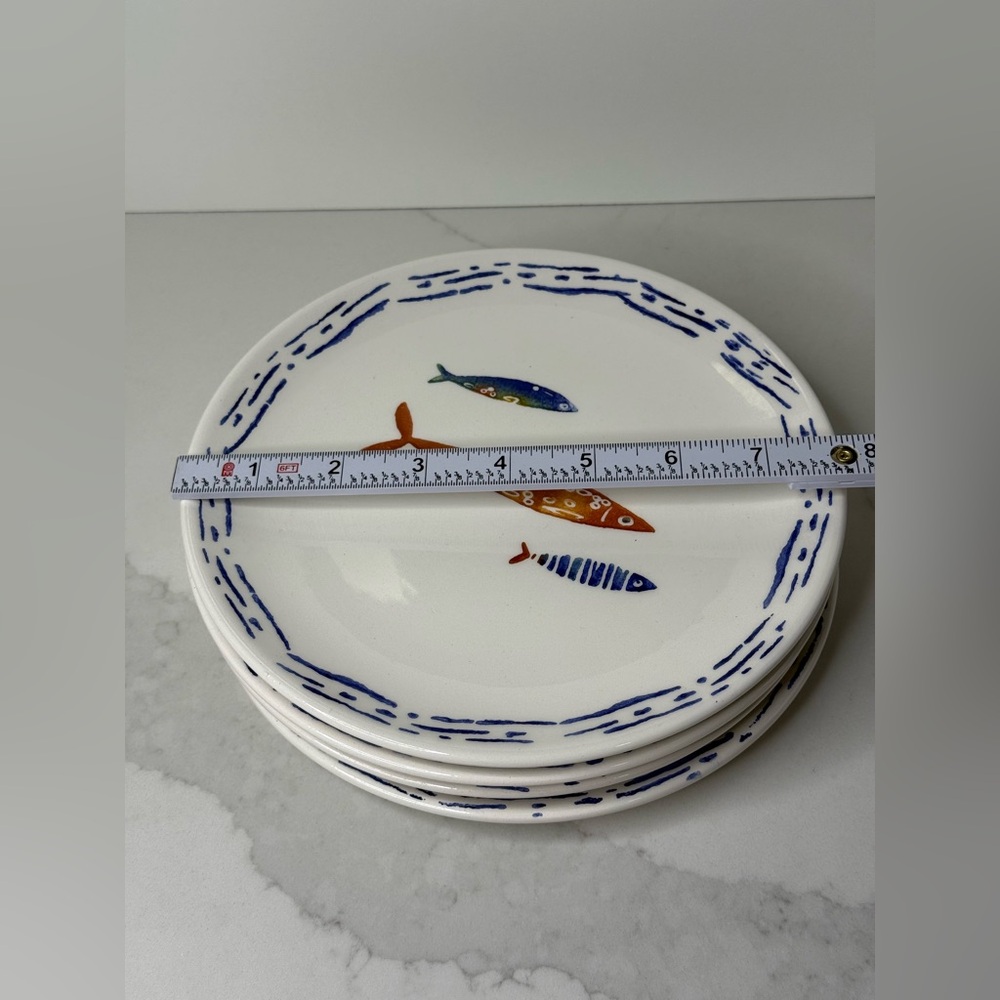 4 Papart Seramik 8” SALAD PLATES Fish Coastal Nautical Hand Painted Turkey New - Picture 11 of 11